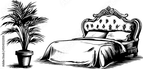 Elegant bedroom furniture design with ornate headboard and potted plant illustration