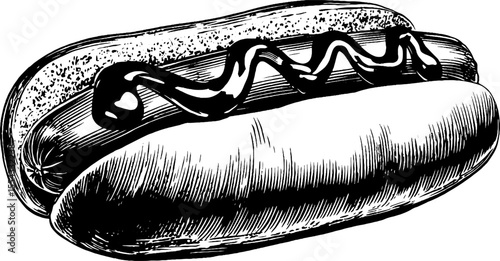 Vintage hotdog with ketchup and paper wrapper sketch for design projects