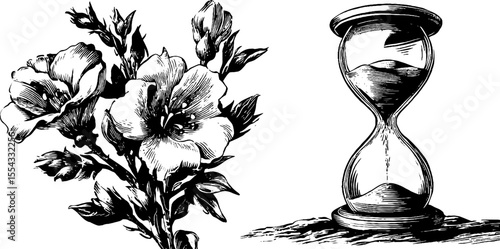 Vintage floral and hourglass design with wavy line elements