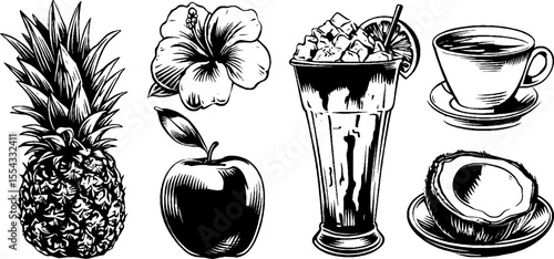 Tropical fruits and beverages vintage hand drawn design for decorative use