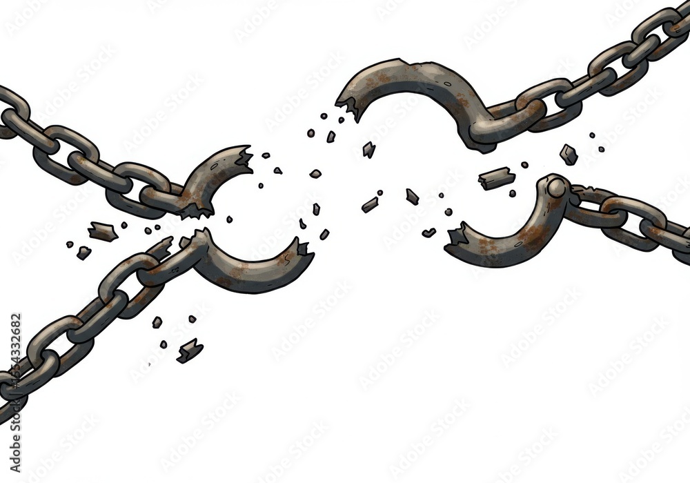 Obraz premium Illustration of a broken metal chain with shattered links on a plain white background art design