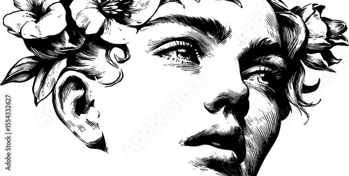 Floral portrait silhouette featuring vintage style with botanical elements