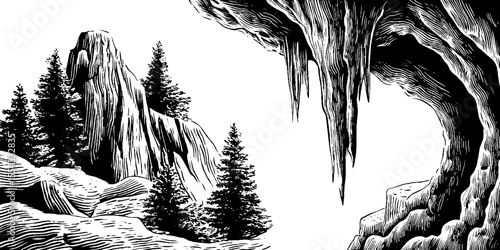 Icy cavern mouth and stalagmite forest scene in vintage style for print design