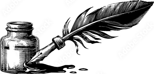 Vintage ink bottle and quill in motion sketch for retro design