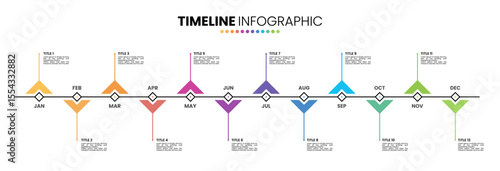 Triangle timeline infographic presentation template 12 options or steps. 12 month or 1 year calendar infographic template