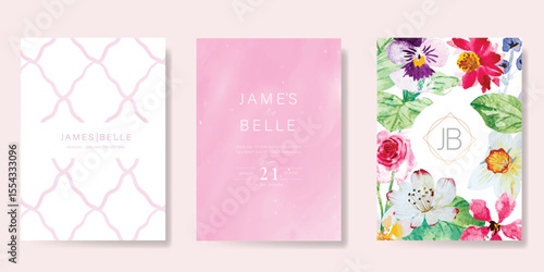Elegant wedding invitation card vector. Minimal hand painted watercolor rose and wildflowers texture template background. Design illustration for wedding, vip cover, poster, rsvp modern card.