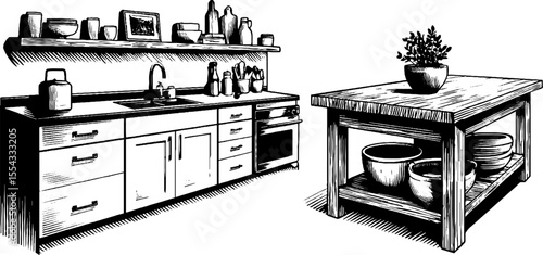 Vintage kitchen counter and cabinetry set with rustic wooden shelves and tableware