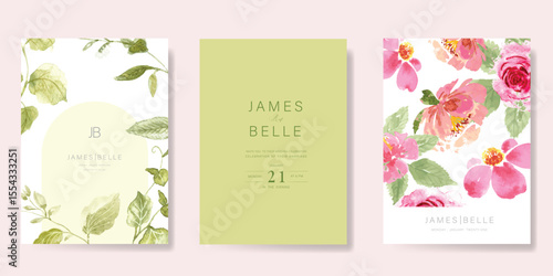 Elegant wedding invitation card vector. Minimal hand painted watercolor rose and wildflowers texture template background. Design illustration for wedding, vip cover, poster, rsvp modern card.