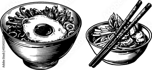 Korean bibimbap bowls with egg yolk center - vintage culinary art design