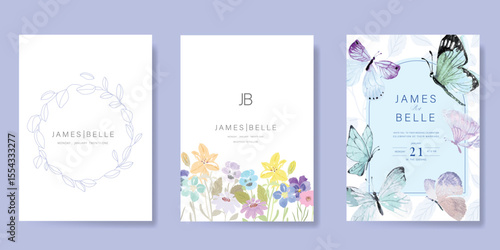Elegant wedding invitation card vector. Minimal hand painted watercolor butterfly and wildflowers texture template background. Design illustration for wedding, vip cover, poster, rsvp modern card.
