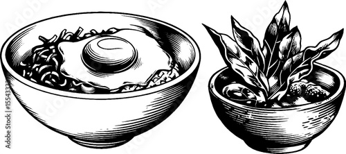 Traditional korean bibimbap with egg yolk center in vintage style for culinary design