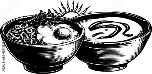 Korean bibimbap and egg yolk bowl sketch - perfect for culinary designs and restaurant decor