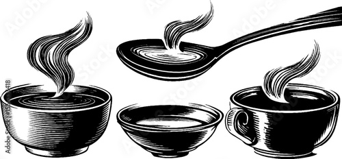 Vintage ladle and soup bowls with swirling steam - perfect for culinary design