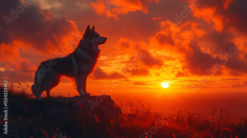 Majestic dog silhouette against a vibrant sunset over the ocean, highlighting nature's beauty