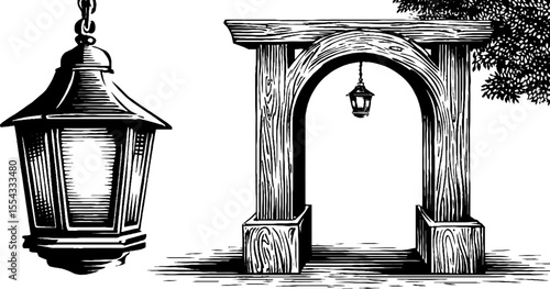 Vintage lanterns and archway with tassel decoration for festive design