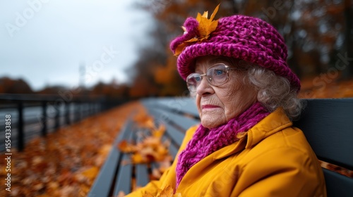 An elderly woman, dressed warmly, gazes thoughtfully into the distance while sitting on a park bench surrounded by autumn leaves, capturing solitude and reflection in nature's beauty.
