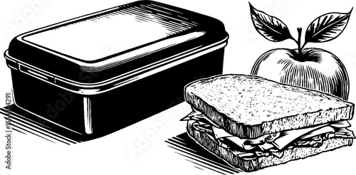 Vintage lunchbox and sandwich with apple sketch for retro design