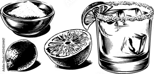 Vintage margarita elements with lime, salt flakes, and drink illustrations for retro design