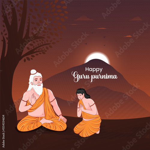 Happy Guru Purnima Indian festival celebration background design with characters of guru and shishya. Teacher giving blessings to student.