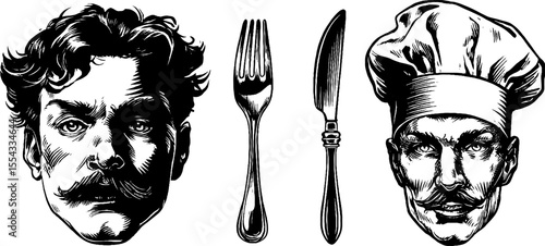 Vintage chef and cutlery sketch for menu design and daily specials