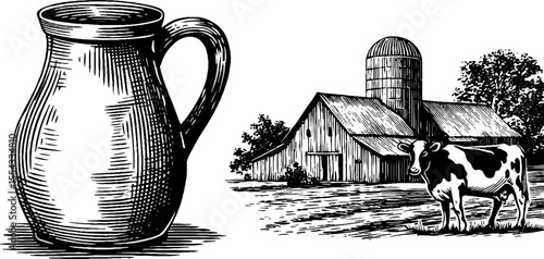 Rustic farm scene with milk pail and barn silhouette for country living design