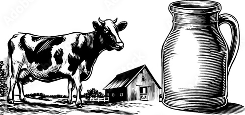 Rustic farm scene with milk pail, barn silhouette, and morning atmosphere - design for print