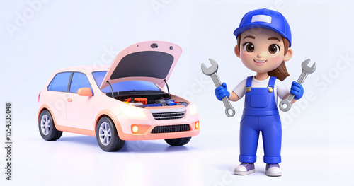 車の修理・点検はお任せ！笑顔の女性整備士が案内する安心カーライフ。自動車メンテナンス、車検、故障診断、ロードサービス、中古車点検、初心者向けガイドに使える、親しみやすい高品質イラスト素材。ディーラー、修理工場、ガソリンスタンド、自動車学校、保険会社の広告、ウェブサイト、ブログ、パンフレットに最適。