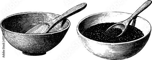 bowls with spoons, black caviar, vintage style clip art preview