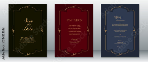 Elegant set of wedding invitation and menu cards featuring golden decorative frames on dark black, burgundy, and navy blue backgrounds. Perfect for formal, luxury, and classic wedding themes.