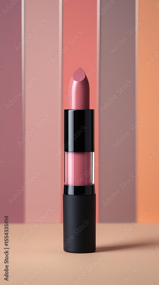 A single pink lipstick stands against a backdrop of muted color stripes A single pink lipstick stands against a backdrop of muted color stripes
