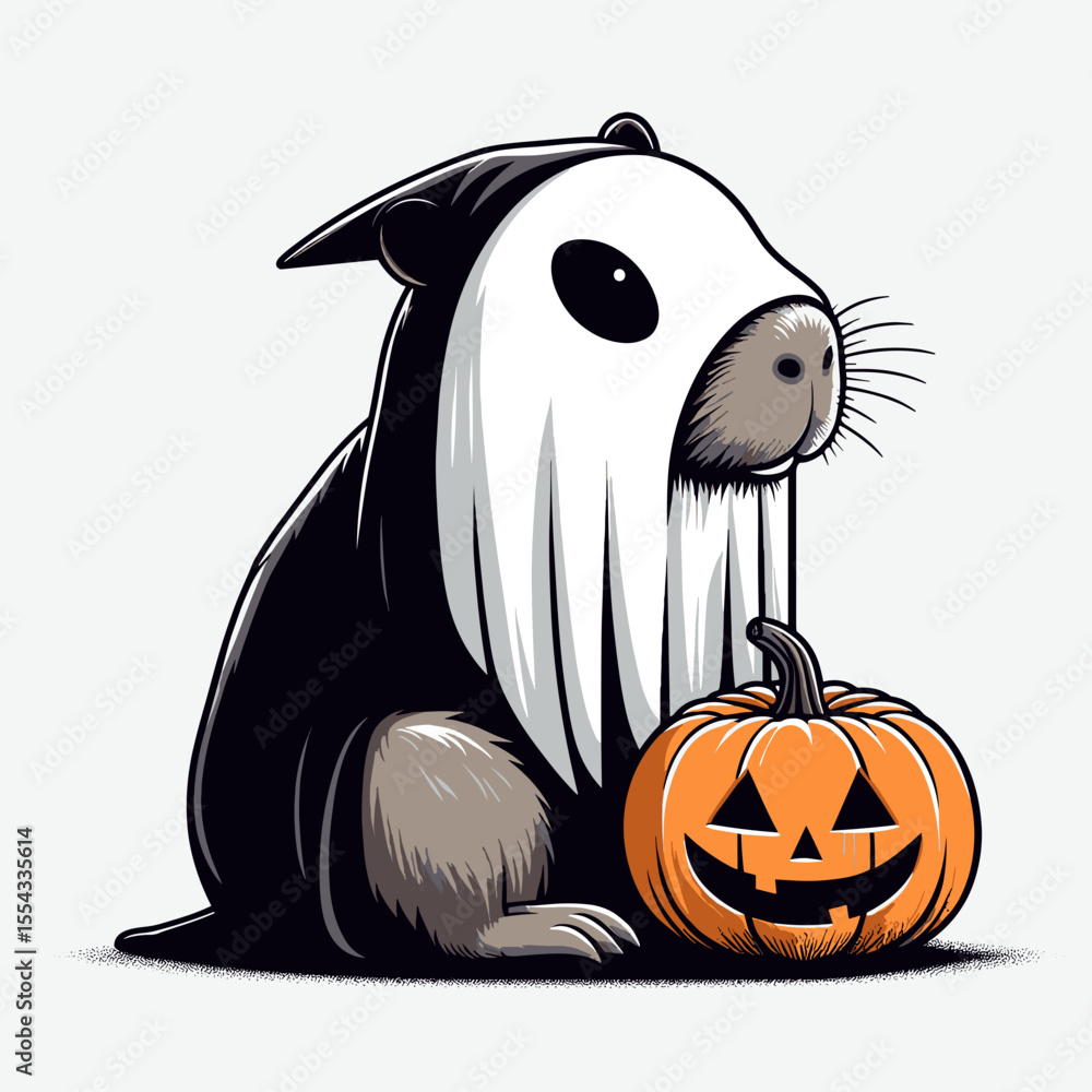 Obraz premium capybara wear ghost costume and sitting on jack o pumpkin. Halloween Witch Bat Spooky Scary Clipart Line Art Vector Illustration. Rodent in white sheet garb rests atop carved gourd seasonal.