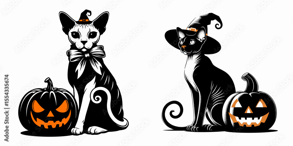 Fototapeta premium Devon Rex Cat wear ghost costume and sitting on jack o pumpkin. Halloween Witch Bat Spooky Scary Clipart Line Art Vector Illustration. Cute feline in spirit outfit atop carved gourd.