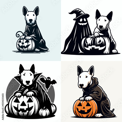 Bull Terrier Dog wear ghost costume and sitting on jack o pumpkin. Halloween Witch Bat Spooky Scary Clipart Line Art Vector Illustration. Canine in garment atop carved gourd a decoration.