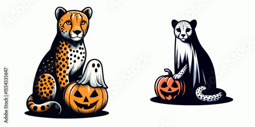 Cheetah wear ghost costume and sitting on jack o pumpkin. Halloween Witch Bat Spooky Scary Clipart Line Art Vector Illustration. Feline in spectral garb atop carved gourd autumn fun.
