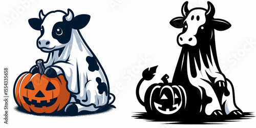 Cow wear ghost costume and sitting on jack o pumpkin. Halloween Witch Bat Spooky Scary Clipart Line Art Vector Illustration. Bovine in spectral outfit atop carved gourd a farm animal image.