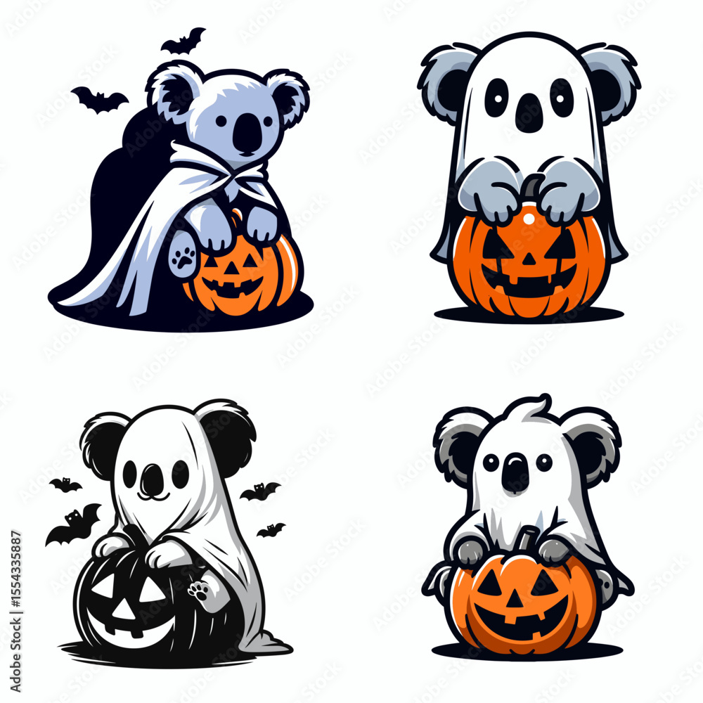 Obraz premium Koala wear ghost costume and sitting on jack o pumpkin. Halloween Witch Bat Spooky Scary Clipart Line Art Vector Illustration. Marsupial dressed as phantom atop carved gourd fall holiday.