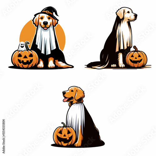 Golden Retriever Dog wear ghost costume and sitting on jack o pumpkin. Halloween Witch Bat Spooky Scary Clipart Line Art Vector Illustration. Canine in spectral apparel is resting atop.