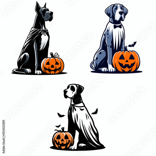 Great Dane Dog wear ghost costume and sitting on jack o pumpkin. Halloween Witch Bat Spooky Scary Clipart Line Art Vector Illustration. Giant hound in spectral attire perched atop carved.