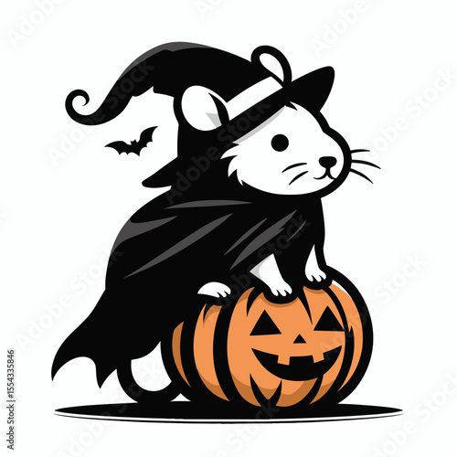 Hamster wear ghost costume and sitting on jack o pumpkin. Halloween Witch Bat Spooky Scary Clipart Line Art Vector Illustration. Tiny rodent in phantom garb atop carved gourd for fall fun.