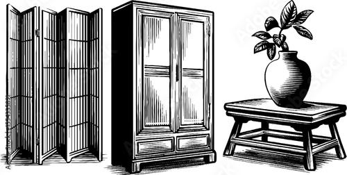Oriental screen and lacquered furniture set - hand drawn vintage design for home decor