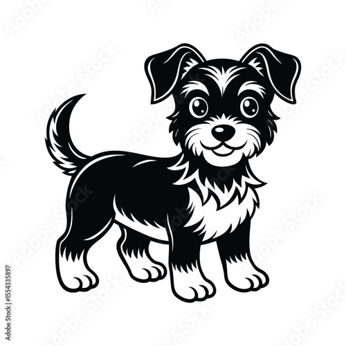 Happy cartoon dog with fluffy fur silhouette isolated on white background