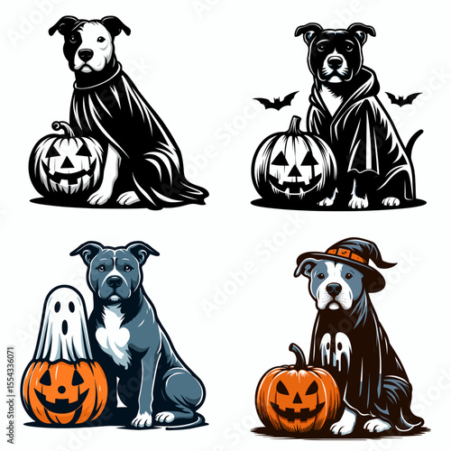Pittbulls Dog wear ghost costume and sitting on jack o pumpkin. Halloween Witch Bat Spooky Scary Clipart Line Art Vector Illustration. Pit bull canine in spectral attire gourd decoration.
