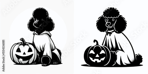 Poodle Dog wear ghost costume and sitting on jack o pumpkin. Halloween Witch Bat Spooky Scary Clipart Line Art Vector Illustration. Toy canine dons spectral garb upon carved gourd autumn.