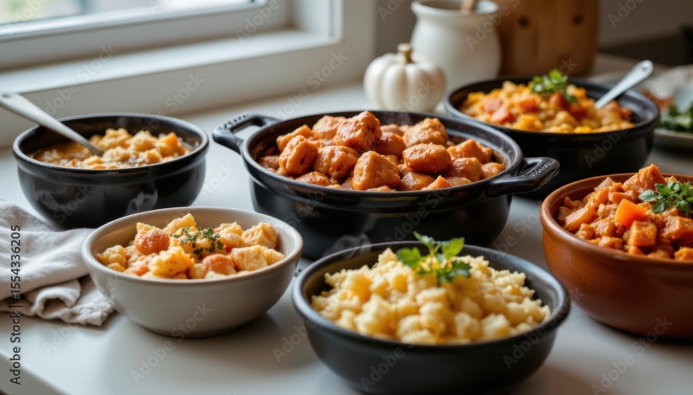 Assorted hearty side dishes including mashed potatoes stew rice and vegetable curries served in ceramic bowls on wooden table for home dining Assorted hearty side dishes including mashed potatoes stew rice and vegetable curries served in ceramic bowls on wooden table for home dining