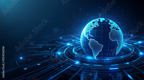 Futuristic glowing blue digital globe with interconnected data lines and particles on a dark background representing global technology and connectivity