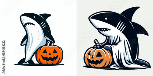 Shark wear ghost costume and sitting on jack o pumpkin. Halloween Witch Bat Spooky Scary Clipart Line Art Vector Illustration. Fish in spectral attire atop carved gourd festive autumn.