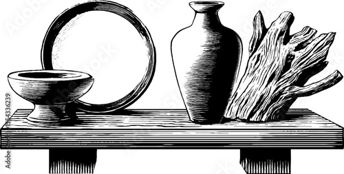 Ornamental wall mirror and console tabletop design in vintage engraving style