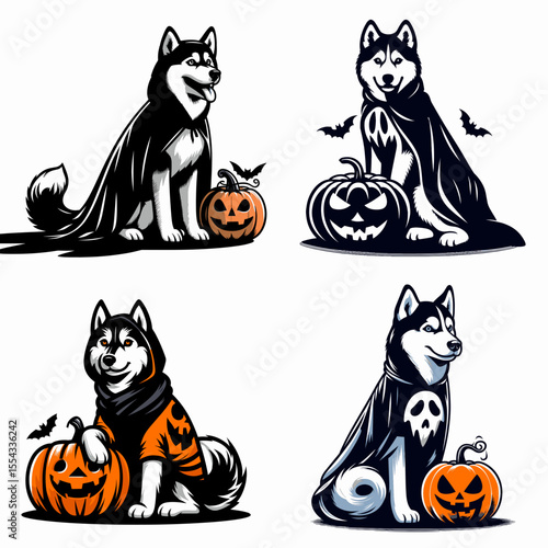 Siberian Husky Dog wear ghost costume and sitting on jack o pumpkin. Halloween Witch Bat Spooky Scary Clipart Line Art Vector Illustration. Canine in spectral attire atop carved gourd a pet.