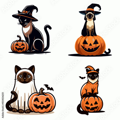 Siamese Cat wear ghost costume and sitting on jack o pumpkin. Halloween Witch Bat Spooky Scary Clipart Line Art Vector Illustration. Kitty in spectral outfit atop carved gourd fall festive.