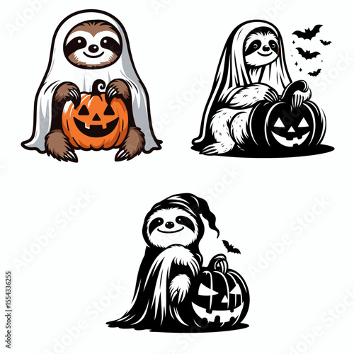 Sloth wear ghost costume and sitting on jack o pumpkin. Halloween Witch Bat Spooky Scary Clipart Line Art Vector Illustration. Slow animal don ghostly garb resting atop carved autumn gourd.